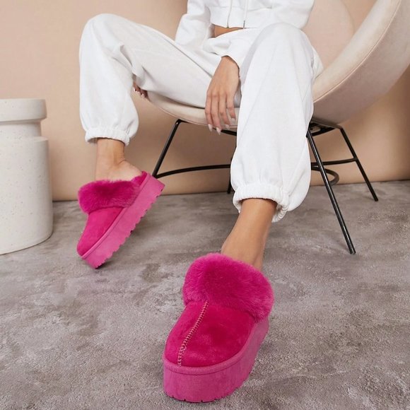 . Shoes - Hot Pink Casual Womens Fuzzy Closed Toe Flatform Casual Slippers